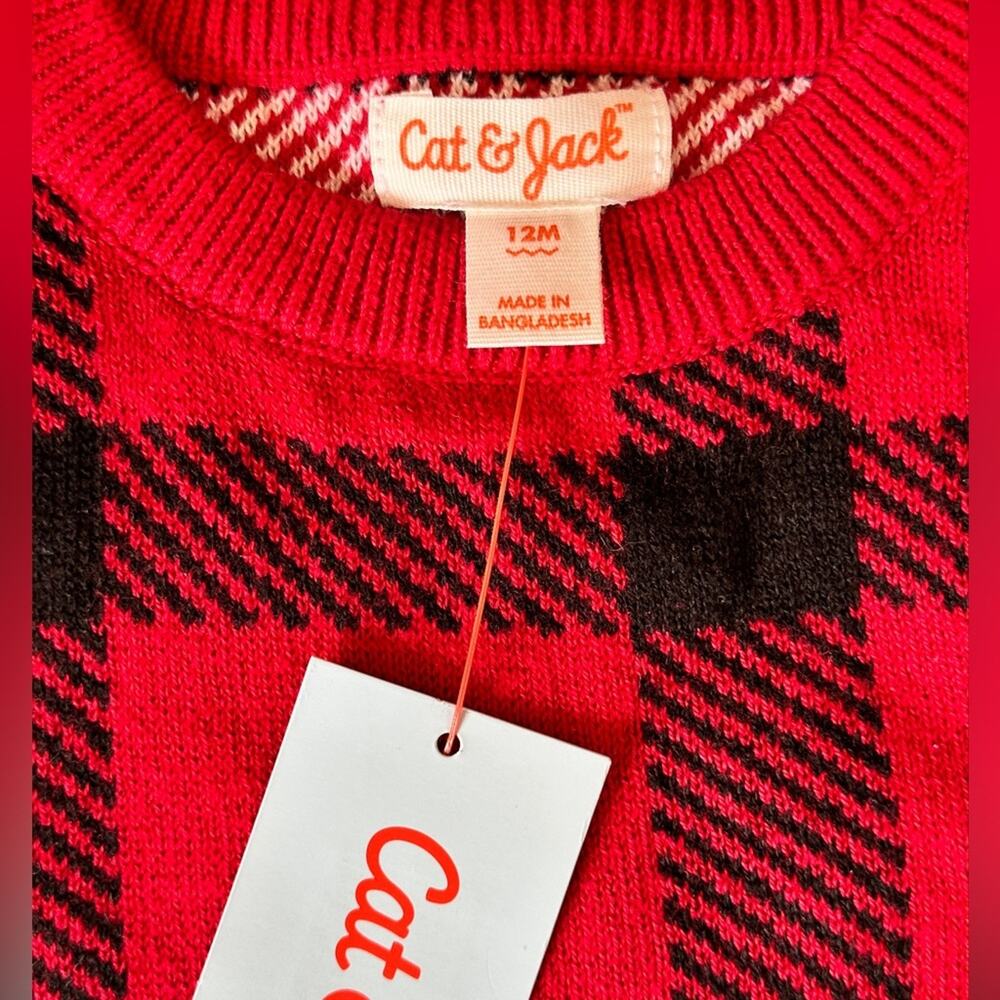 New Boy's‎ Red Black White Plaid Sweater Size 12 Months - Picture 3 of 4